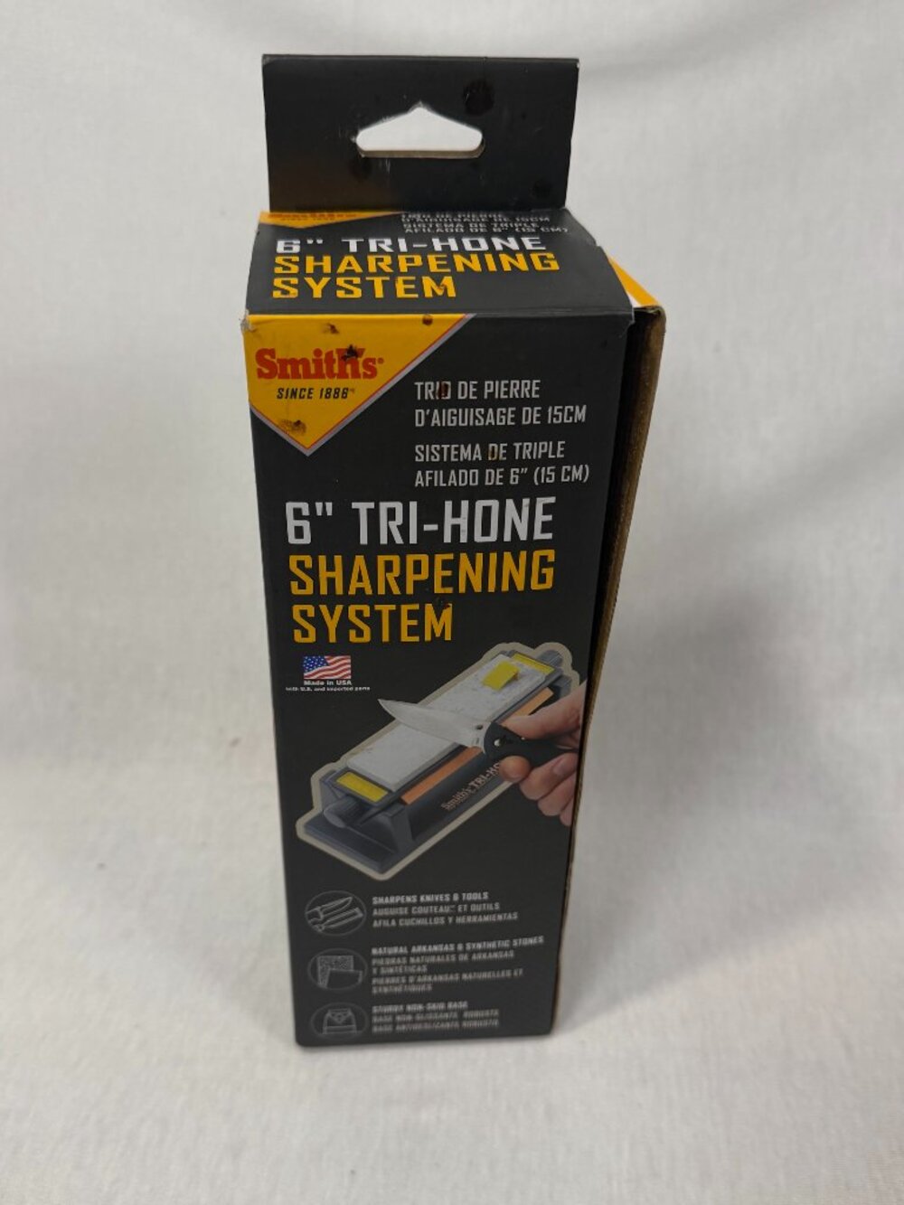 Smith's 6" Tri-Hone Sharpening System 3-Stone Arkansas Knife Sharpener NIB TRI6